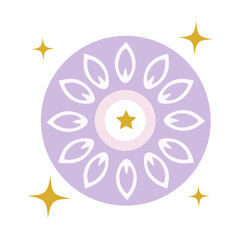 Vector ornament in circular shape with pastel purple petals and golden star. Perfect for Islamic design, decorations, or traditional art with minimal and elegant aesthetic.
