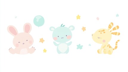 Obraz premium Cute pastel animals playing, stars background, nursery decor