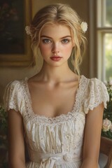 Young Woman in Vintage Dress with Soft Makeup and Flowers in Hair