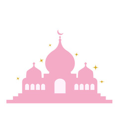 Flat purple mosque illustration with crescent moon. Perfect for Ramadan, Eid, Islamic architecture themes, and religious celebrations. Clean vector style for modern digital projects.