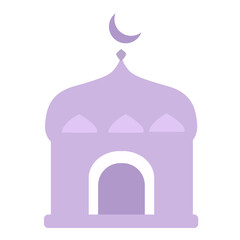 Flat illustration of a purple and yellow mosque with crescent moon. Suitable for Islamic holiday designs, Eid celebrations, and Ramadan-themed graphic elements or decorations.