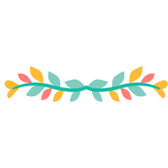 Obraz premium Colorful flat floral branch with leaves in pastel tones. Perfect for invitations, decorative borders, nature-themed designs, and creative vector ornament elements in digital artwork.