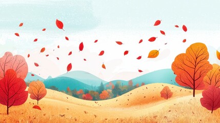 Autumnal landscape with falling leaves and rolling hills.