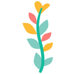 Colorful flat floral branch with leaves in pastel tones. Perfect for invitations, decorative borders, nature-themed designs, and creative vector ornament elements in digital artwork.