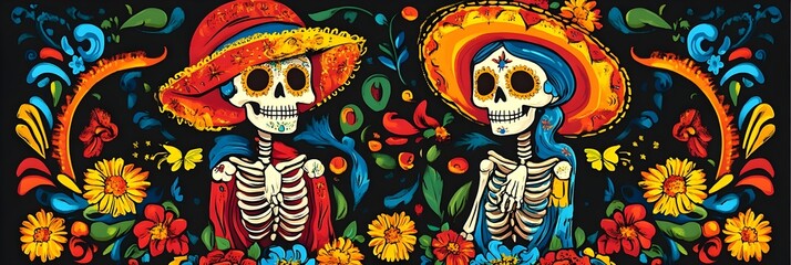 Fototapeta premium Colorful Day of the Dead Skeletons with Floral Background Illustration
