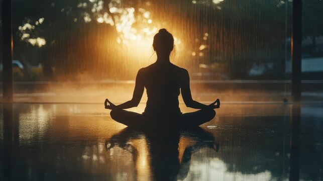 A person meditating in the rain during a beautiful sunset
