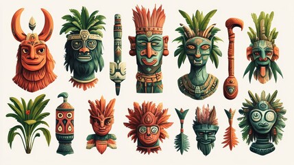 Colorful Tribal Masks and Carvings on a Light Background