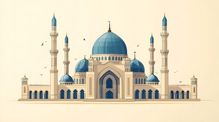 Naklejka premium Elegant Mosque Architecture Featuring Blue Domes and Minarets in Minimalist Design