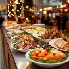 Obraz premium Festive Banquet Table Set with Assorted Dishes, Fresh Fruits, and Colorful Garnishes during Holiday Celebration in a Joyful Atmosphere