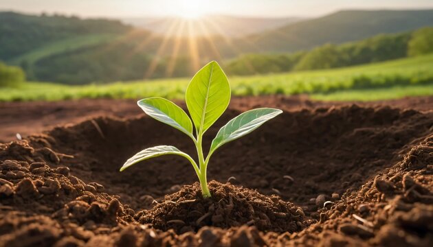 Fototapeta A fresh green plant sprouting in nutrient-rich soil, bathed in the warm sunlight. This conveys themes of growth, agriculture, and a connection to nature in a beautiful rural setting.
