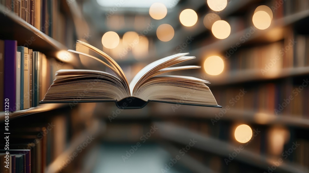 Aufkleber books floating in the air on a library and shelf concept. open book floating in a serene library sur