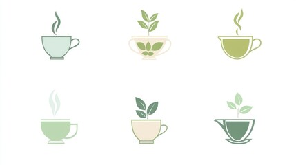 Six teacup icons;  steaming cups, plant sprouts;  design elements; website, app use