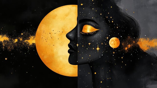 Ethereal illustration of half moon and sun face, surrounded by constellations