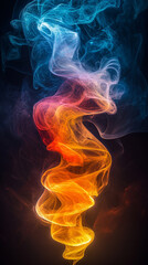 Fototapeta premium Futuristic funnel shape with vibrant neon lines and swirling smoke on a dark background. Glowing tech lines form a dynamic, modern pattern symbolizing energy, innovation, and transformation.