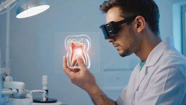 Male dentist wearing augmented reality glasses analyzing holographic 3d model of human tooth – modern dental technology for oral health diagnostics, medical education, and innovative treatment teeth.