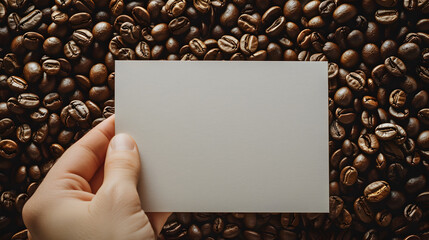 A hand holding a white piece of paper in front of a pile of coffee beans