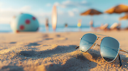 A pair of sunglasses is laying on the sand on a beach