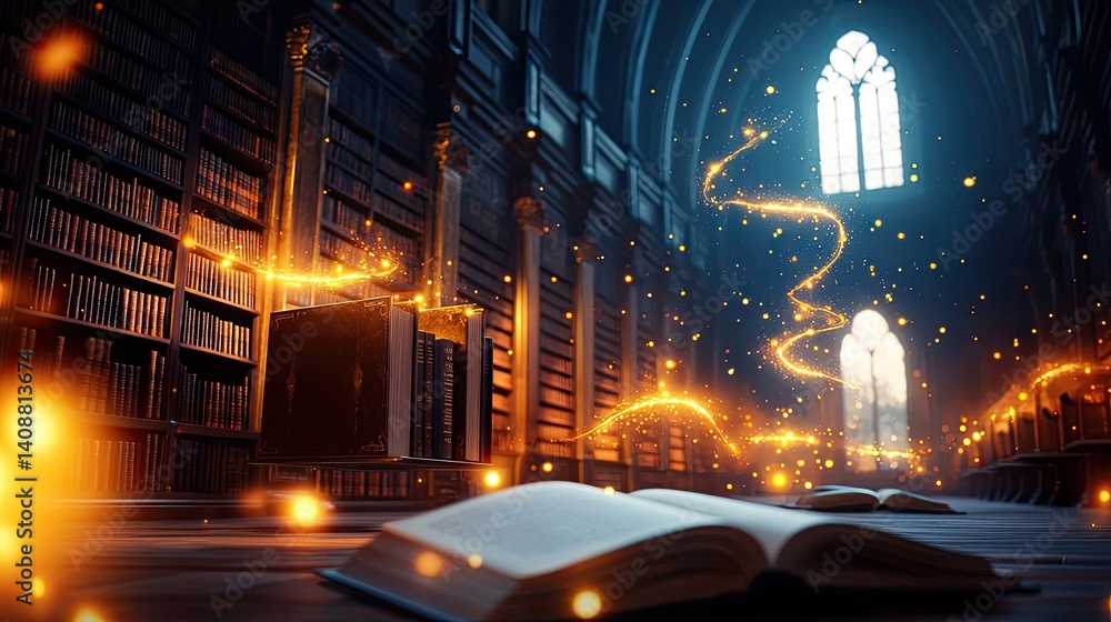 Poster books floating in the air with flying and education concept. a magical library scene filled with glo