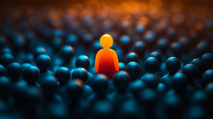 Obraz premium A glowing, cute, curvy 3D figure stands out among a crowd of dull shapes, symbolizing leadership, uniqueness, and innovative thinking in a modern business or creative setting.
