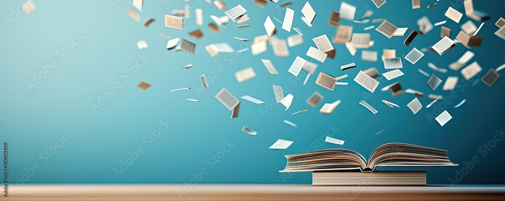 Poster Books floating in the air with a focus on literature and cognition concept. An open book with flying pages representing knowledge and creativity.