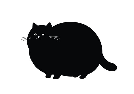 Fat cat silhouette. This image shows a black silhouette of a chubby cat with distinct whiskers, tail, and rounded features. Vector clipart black illustration design.