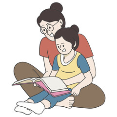 Mom and kid reading book together