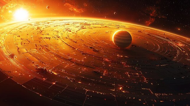 A colossal, ringed space city orbits a gas giant under a fiery sun