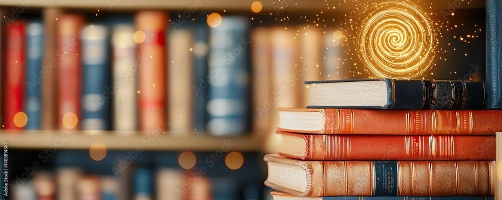 Aufkleber books floating in the air on a library and shelf concept. books stacked on a shelf with magical ligh
