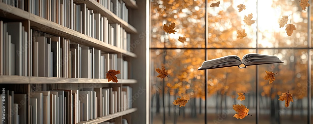 Poster Books floating in the air on a library and shelf concept. Cozy reading nook with an open book and autumn leaves outside.