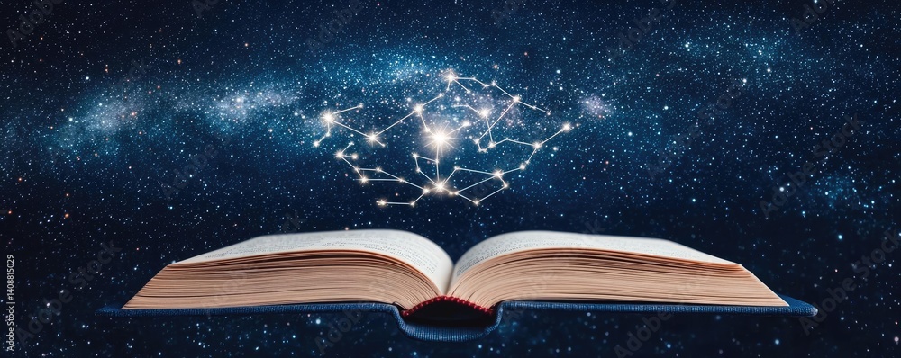 Poster open book under starry sky expanding cognition of space concept. an open book with stars and galaxie