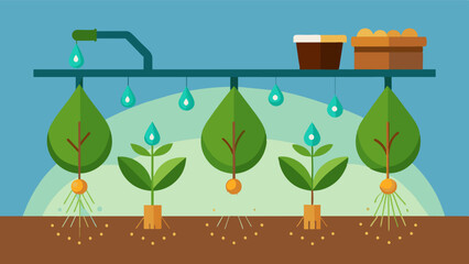 Precision drip fertilization technology delivering nutrients and water directly to the roots of crops for maximum absorption.. Vector illustration