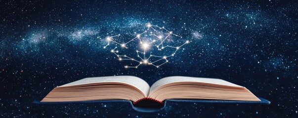 Open book under starry sky expanding cognition of space concept. An open book with stars and galaxies in the night sky above.