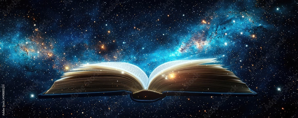 Poster open book under starry sky with galaxy and cognition concept. an open book in a cosmic space, symbol