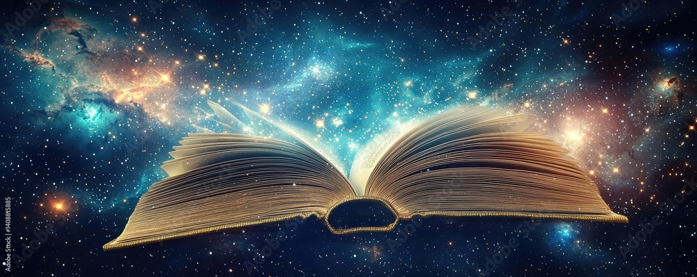Poster Open book under starry sky with galaxy and cognition concept. An open book against a cosmic backdrop, symbolizing knowledge.
