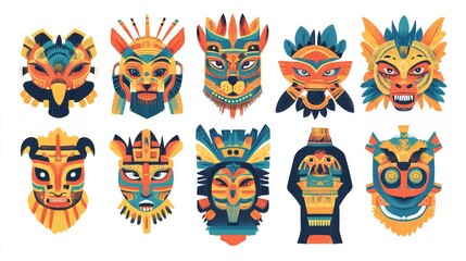 Colorful Collection of Artistic Tribal Masks in Vibrant Styles