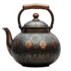Vintage copper tea kettle with wooden handle antique tea serving vessel on transparent background