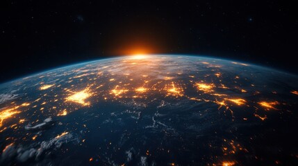 Obraz premium Beautiful Earth view from space with sunrise and bright city lights