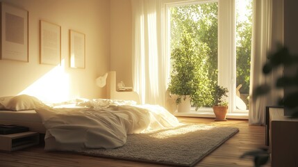Sunlight streams into a cozy bedroom, bathed in warm hues.
