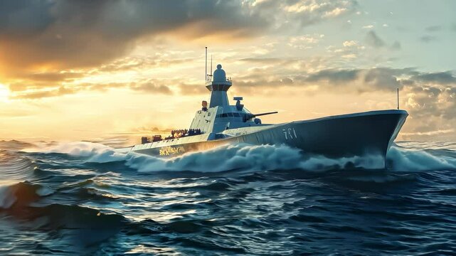 Warship Sailing in the Sunset