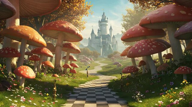 Walking Through a Whimsical Fantasy World: A Sunlit Path Among Giant Mushrooms Leading to a White Castle