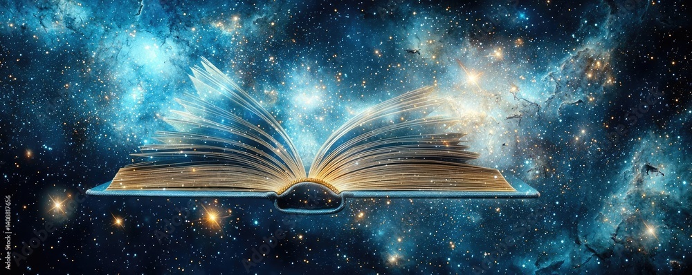 Poster open book under starry sky with galaxy and cognition concept. a magical book floating in a cosmic un
