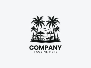 Tropical Beach Silhouette Palm Trees Lounger Umbrella Vector Logo Design