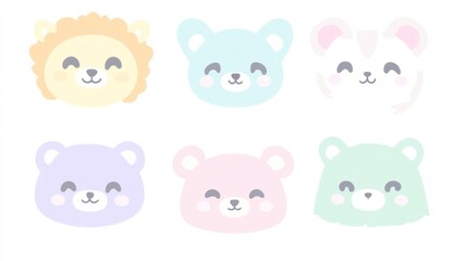 Naklejka premium Pastel animal faces; cute lion, bear, rabbit; children's illustration; website design