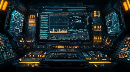 Fototapeta premium Futuristic control room with multiple screens displaying data graphs and charts