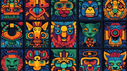 Fototapeta premium Vibrant Graphic Illustrations of Colorful Animal Masks and Faces