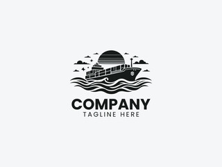 Fototapeta premium Cargo Ship Silhouette Carrying Containers Rough Sea Vector Logo Design