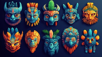 Fototapeta premium Colorful Tribal Masks Collection with Unique Patterns and Designs
