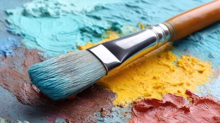 Fototapeta premium Brush resting on colorful paint palette.