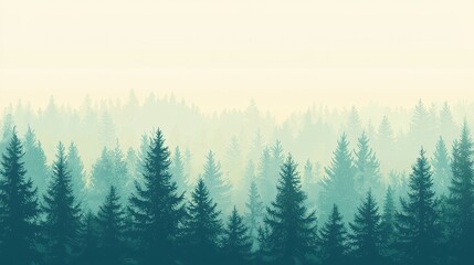 Fototapeta premium Misty, evergreen forest silhouettes against a pale background.