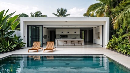 a modern architectural style featuring a luxurious outdoor setting. The layout includes a rectangular swimming pool bordered by lush green tropical plants on one side and a sleek, contemporary buildin